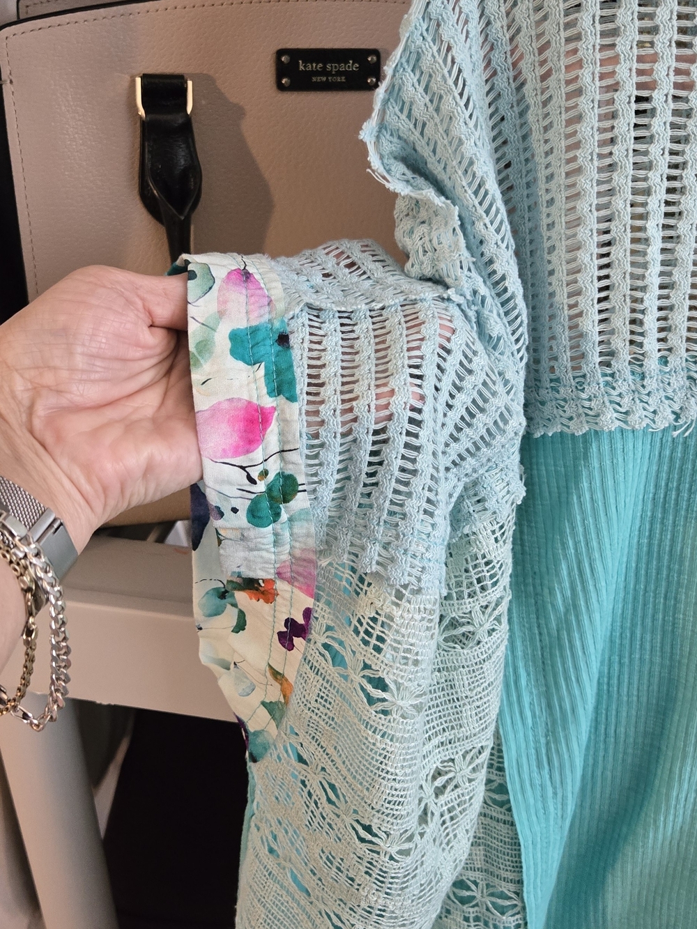 POL Aqua Mixed-Knit Pullover with Floral Center Panel - Picture 3 of 7